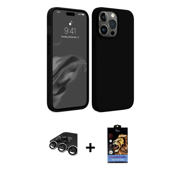 MARSİLYAN™- iPhone 15 Pro Max Kılıf Kozmos Yansıma Özel Seri - Siyah Buffer Hayalet Cam Ekran Koruyucu + Gümüş Raze Metal Kamera Lens