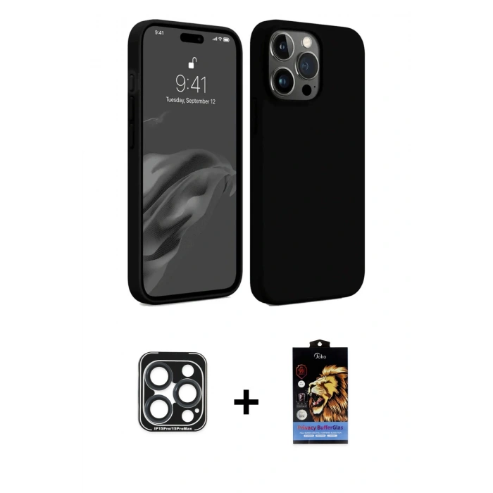 MARSİLYAN™- iPhone 15 Pro Max Kılıf Kozmos Yansıma Özel Seri - Siyah Buffer Hayalet Cam Ekran Koruyucu + PVD Metal Kamera Lens - LT