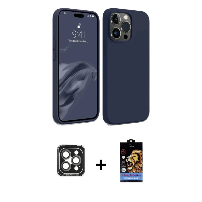 MARSİLYAN™- iPhone 15 Pro Max Kılıf Kozmos Yansıma Özel Seri - Siyah Buffer Hayalet Cam Ekran Koruyucu + PVD Metal Kamera Lens - GI