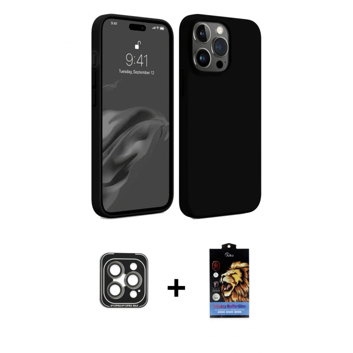MARSİLYAN™- iPhone 15 Pro Max Kılıf Kozmos Yansıma Özel Seri - Siyah Buffer Hayalet Cam Ekran Koruyucu + PVD Metal Kamera Lens - GI