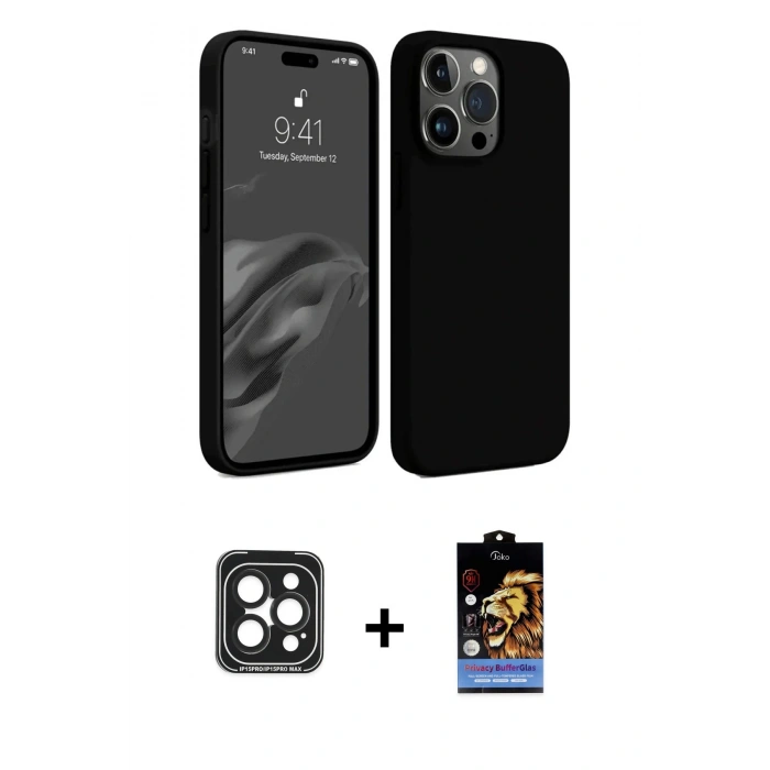MARSİLYAN™- iPhone 15 Pro Max Kılıf Kozmos Yansıma Özel Seri - Siyah Buffer Hayalet Cam Ekran Koruyucu + PVD Metal Kamera Lens - SH