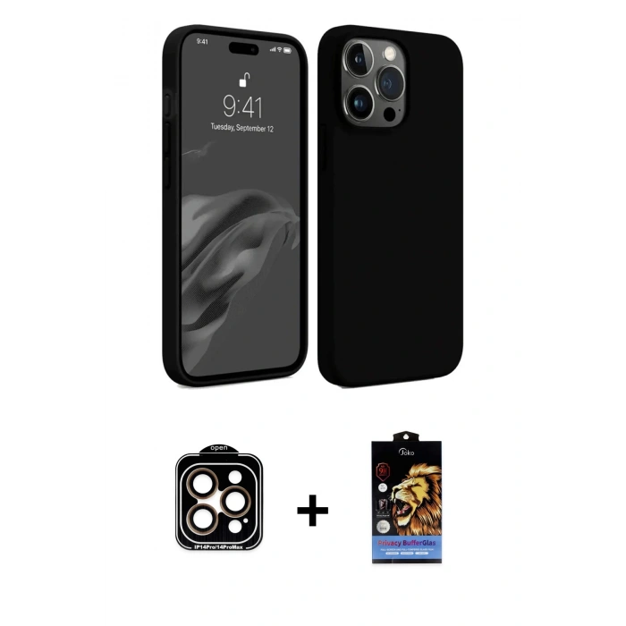 MARSİLYAN™- iPhone 15 Pro Max Kılıf Kozmos Yansıma Özel Seri - Siyah Buffer Hayalet Cam Ekran Koruyucu + PVD Metal Kamera Lens - TU