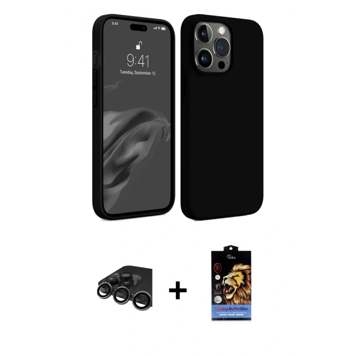 MARSİLYAN™- iPhone 15 Pro Max Kılıf Kozmos Yansıma Özel Seri - Siyah Buffer Hayalet Cam Ekran Koruyucu + Raze Metal Kamera Lens - TMGI