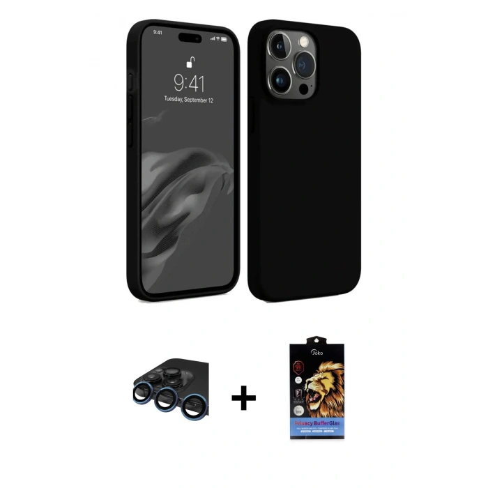 MARSİLYAN™- iPhone 15 Pro Max Kılıf Kozmos Yansıma Özel Seri - Siyah Buffer Hayalet Cam Ekran Koruyucu + Raze Metal Kamera Lens - LT