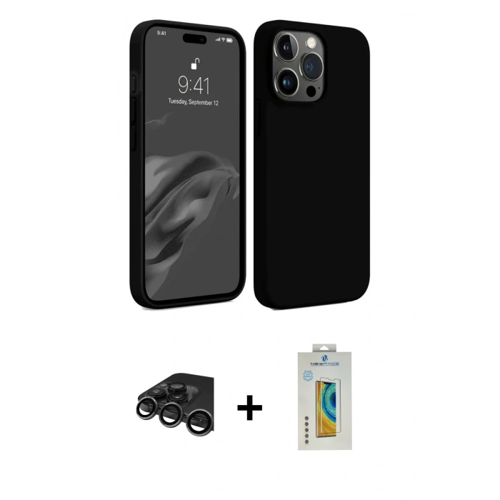MARSİLYAN™- iPhone 15 Pro Max Kılıf Kozmos Yansıma Özel Seri - Siyah Polymer Nano Ekran Koruyucu + Raze Metal Kamera Lens - TMGI