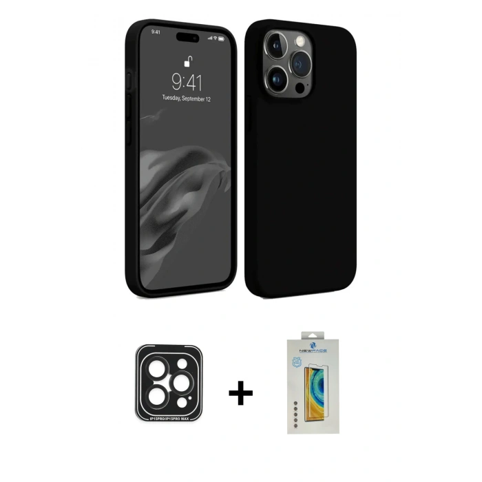 MARSİLYAN™- iPhone 15 Pro Max Kılıf Kozmos Yansıma Özel Seri - Siyah Polymer Nano Ekran Koruyucu + Siyah PVD Metal Kamera Lens