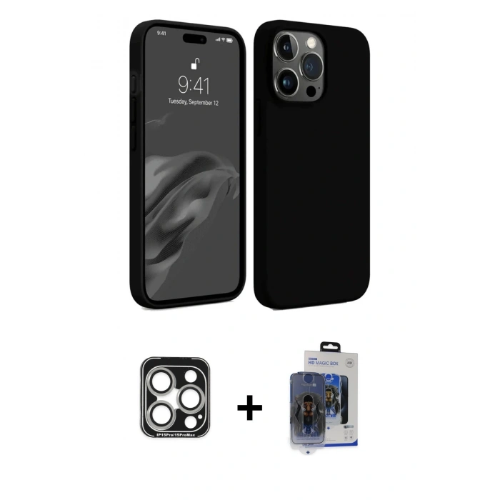 MARSİLYAN™- iPhone 15 Pro Max Kılıf Kozmos Yansıma Özel Seri - Siyah Vanessa Magic Cam + PVD Metal Kamera Lens - GS