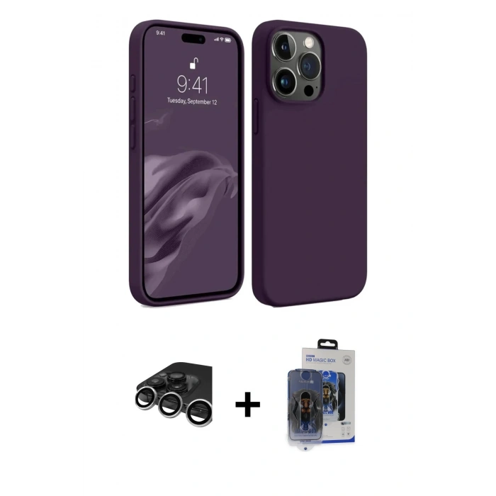 MARSİLYAN™- iPhone 15 Pro Max Kılıf Kozmos Yansıma Özel Seri - Siyah Vanessa Magic Cam + Gümüş Raze Metal Kamera Lens