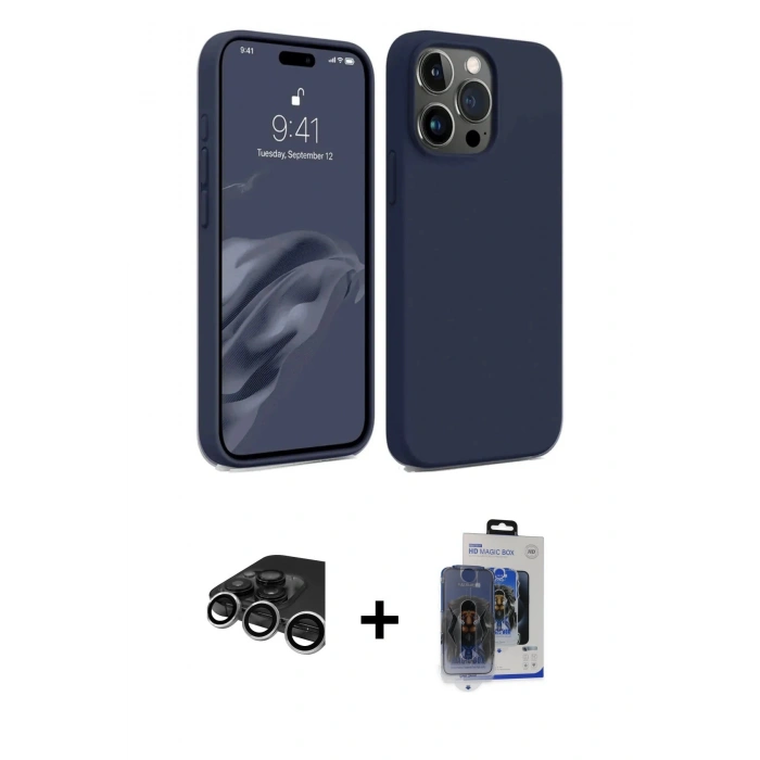 MARSİLYAN™- iPhone 15 Pro Max Kılıf Kozmos Yansıma Özel Seri - Siyah Vanessa Magic Cam + Gümüş Raze Metal Kamera Lens