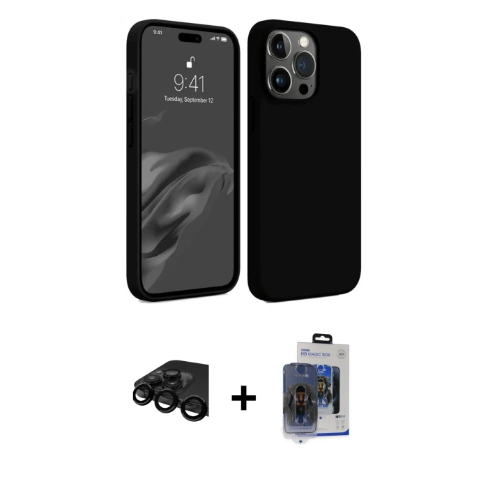 MARSİLYAN™- iPhone 15 Pro Max Kılıf Kozmos Yansıma Özel Seri - Siyah Vanessa Magic Cam + Raze Metal Kamera Lens - SH