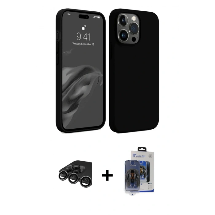 MARSİLYAN™- iPhone 15 Pro Max Kılıf Kozmos Yansıma Özel Seri - Siyah Vanessa Magic Cam + Raze Metal Kamera Lens - TMGI