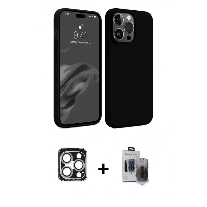 MARSİLYAN™- iPhone 15 Pro Max Kılıf Kozmos Yansıma Özel Seri - Siyah Vanessa Magic Hayalet Cam + PVD Metal Kamera Lens - GS