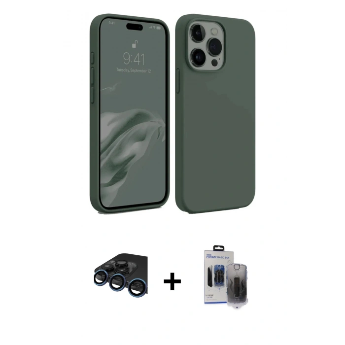 MARSİLYAN™- iPhone 15 Pro Max Kılıf Kozmos Yansıma Özel Seri - Siyah Vanessa Magic Hayalet Cam + Lacivert Raze Metal Kamera Lens