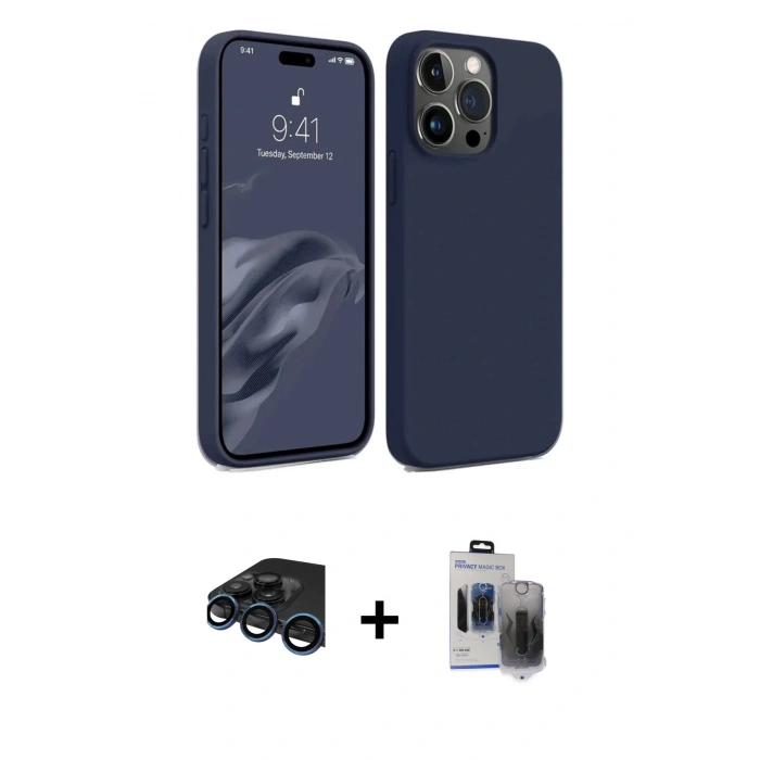 MARSİLYAN™- iPhone 15 Pro Max Kılıf Kozmos Yansıma Özel Seri - Siyah Vanessa Magic Hayalet Cam + Lacivert Raze Metal Kamera Lens
