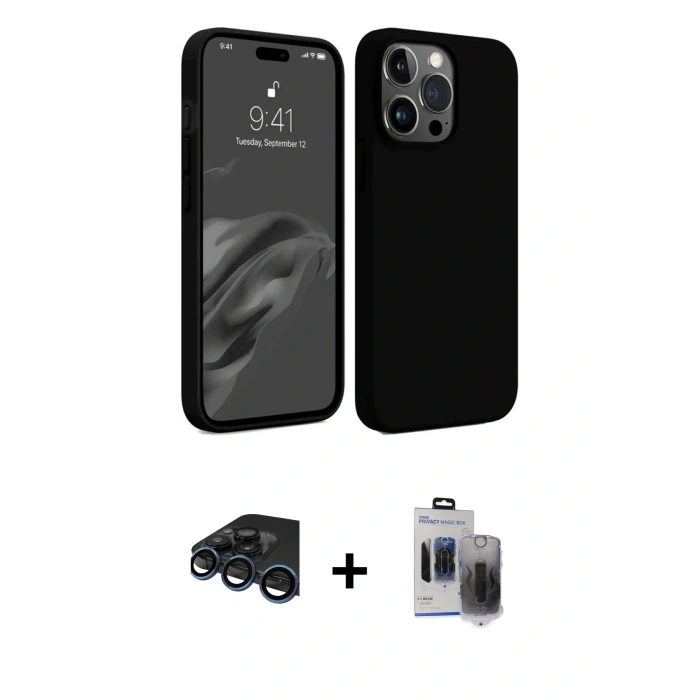 MARSİLYAN™- iPhone 15 Pro Max Kılıf Kozmos Yansıma Özel Seri - Siyah Vanessa Magic Hayalet Cam + Lacivert Raze Metal Kamera Lens