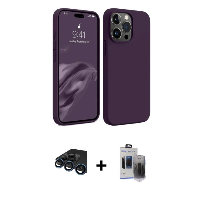 MARSİLYAN™- iPhone 15 Pro Max Kılıf Kozmos Yansıma Özel Seri - Siyah Vanessa Magic Hayalet Cam + Lacivert Raze Metal Kamera Lens