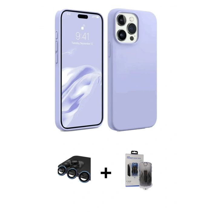 MARSİLYAN™- iPhone 15 Pro Max Kılıf Kozmos Yansıma Özel Seri - Siyah Vanessa Magic Hayalet Cam + Lacivert Raze Metal Kamera Lens