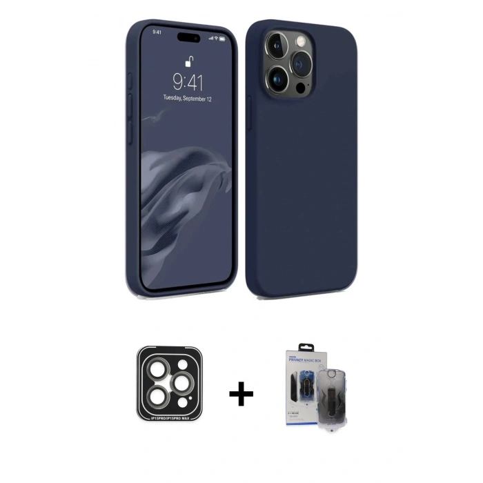 MARSİLYAN™- iPhone 15 Pro Max Kılıf Kozmos Yansıma Özel Seri - Siyah Vanessa Magic Hayalet Cam + PVD Metal Kamera Lens - GI