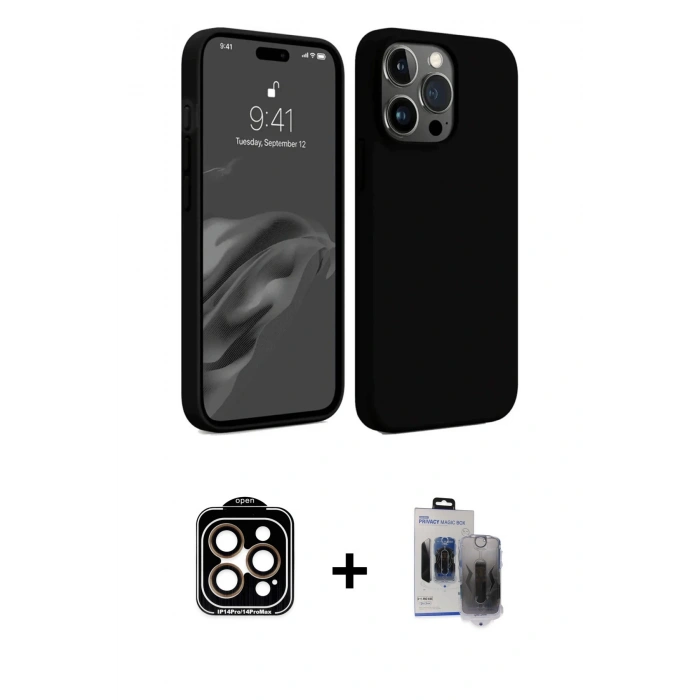 MARSİLYAN™- iPhone 15 Pro Max Kılıf Kozmos Yansıma Özel Seri - Siyah Vanessa Magic Hayalet Cam + PVD Metal Kamera Lens - TU