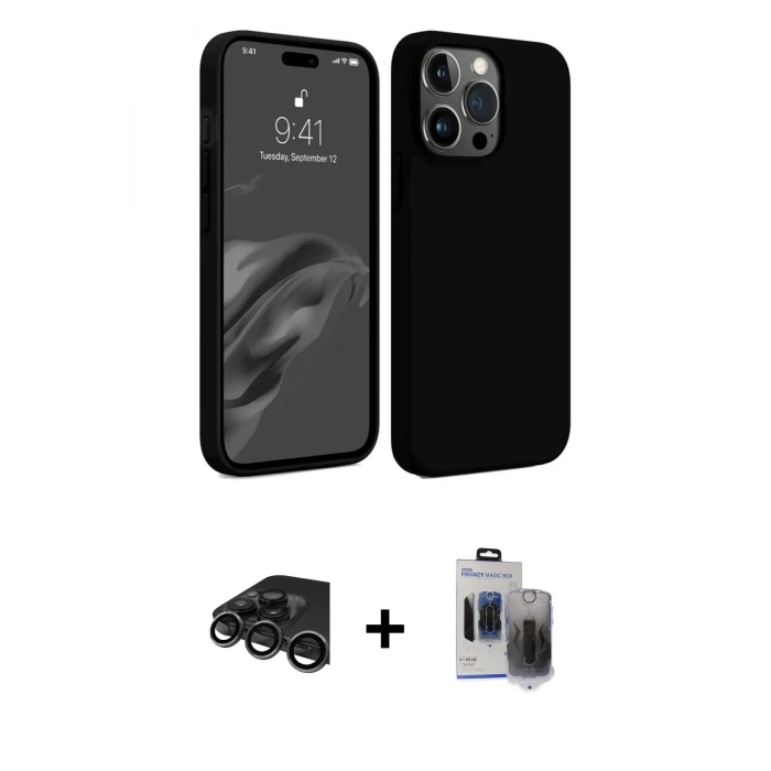 MARSİLYAN™- iPhone 15 Pro Max Kılıf Kozmos Yansıma Özel Seri - Siyah Vanessa Magic Hayalet Cam + Raze Metal Kamera Lens - TMGI