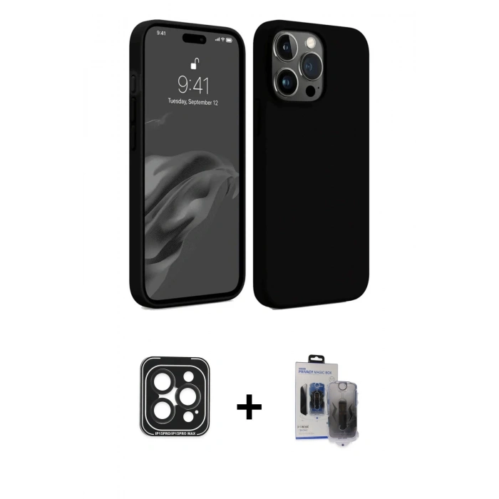 MARSİLYAN™- iPhone 15 Pro Max Kılıf Kozmos Yansıma Özel Seri - Siyah Vanessa Magic Hayalet Cam + Siyah PVD Metal Kamera Lens