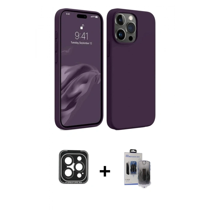 MARSİLYAN™- iPhone 15 Pro Max Kılıf Kozmos Yansıma Özel Seri - Siyah Vanessa Magic Hayalet Cam + Siyah PVD Metal Kamera Lens