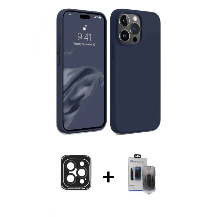 MARSİLYAN™- iPhone 15 Pro Max Kılıf Kozmos Yansıma Özel Seri - Siyah Vanessa Magic Hayalet Cam + Siyah PVD Metal Kamera Lens