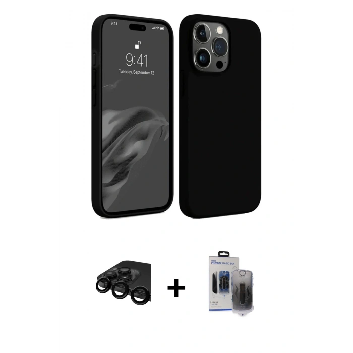 MARSİLYAN™- iPhone 15 Pro Max Kılıf Kozmos Yansıma Özel Seri - Siyah Vanessa Magic Hayalet Cam + Raze Metal Kamera Lens - SH