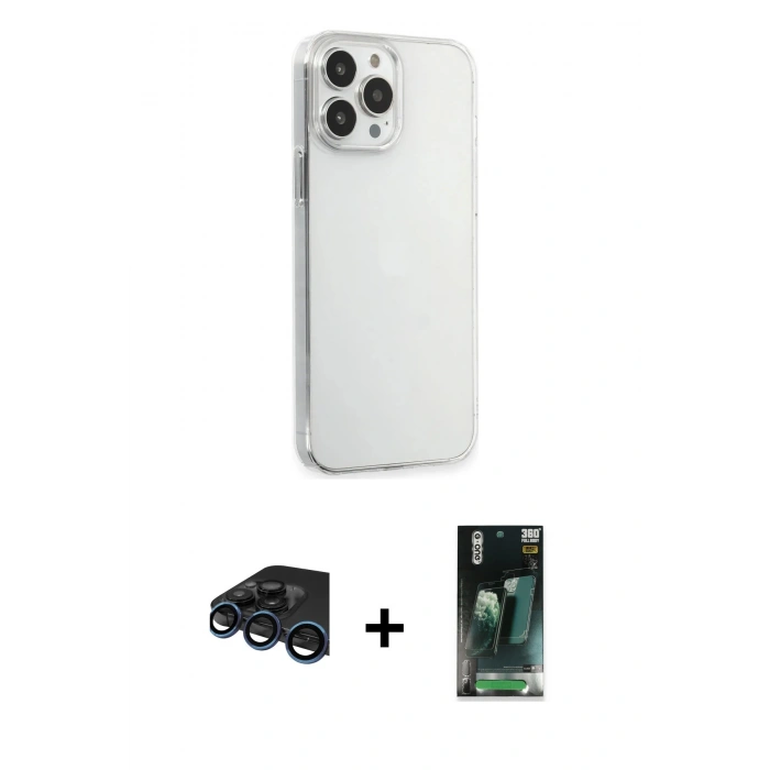 MARSİLYAN™- iPhone 15 Pro Max Kılıf Kutup Doku Koleksiyonu - Şeffaf 360 Full Body Arka Koruyucu + Lacivert Raze Metal Kamera Lens