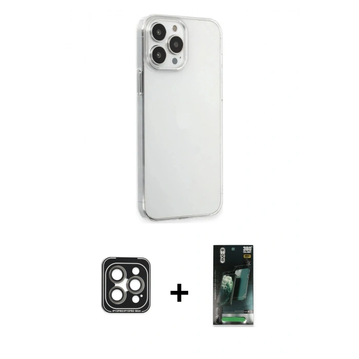 MARSİLYAN™- iPhone 15 Pro Max Kılıf Kutup Doku Koleksiyonu - Şeffaf 360 Full Body Arka Koruyucu + PVD Metal Kamera Lens - GI