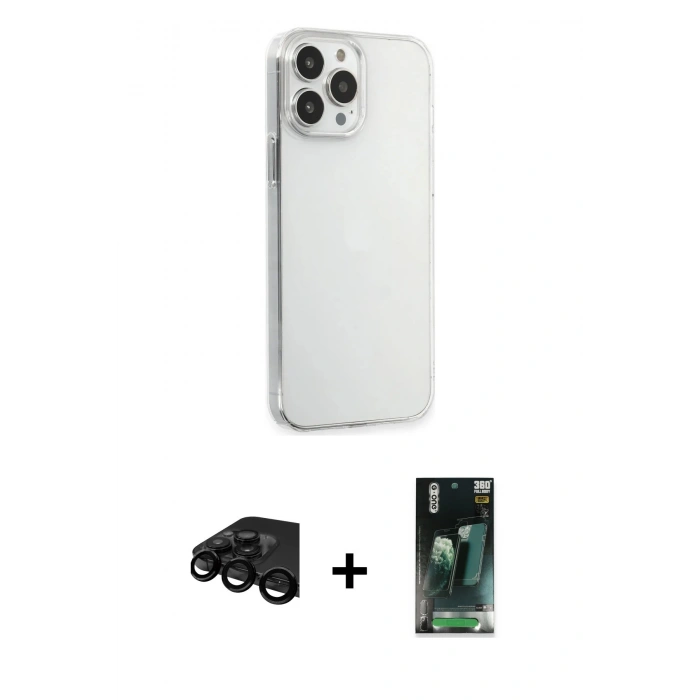 MARSİLYAN™- iPhone 15 Pro Max Kılıf Kutup Doku Koleksiyonu - Şeffaf 360 Full Body Arka Koruyucu + Raze Metal Kamera Lens - SH