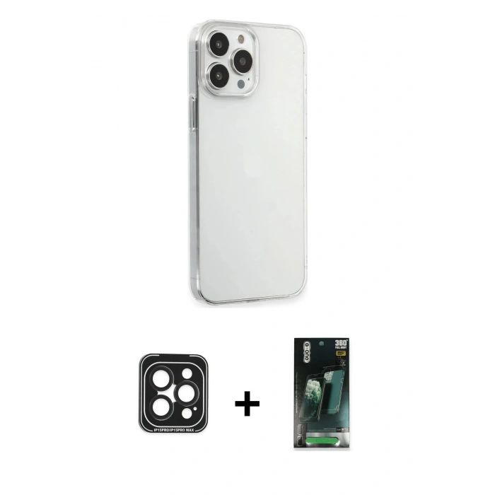 MARSİLYAN™- iPhone 15 Pro Max Kılıf Kutup Doku Koleksiyonu - Şeffaf 360 Full Body Arka Koruyucu + PVD Metal Kamera Lens - SH
