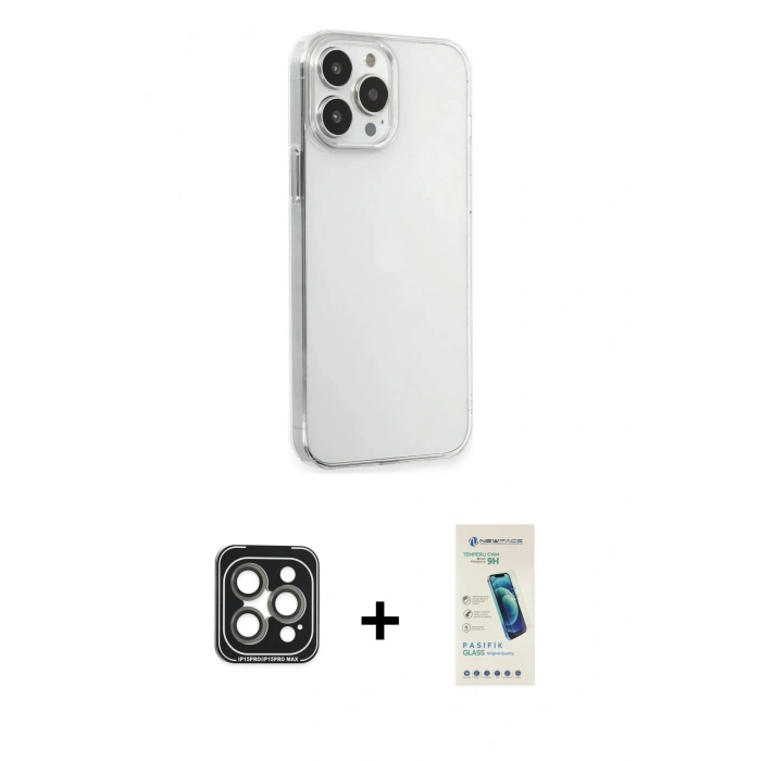 MARSİLYAN™- iPhone 15 Pro Max Kılıf Kutup Doku Koleksiyonu - Şeffaf Pasifik Cam Ekran Koruyucu + Gri PVD Metal Kamera Lens
