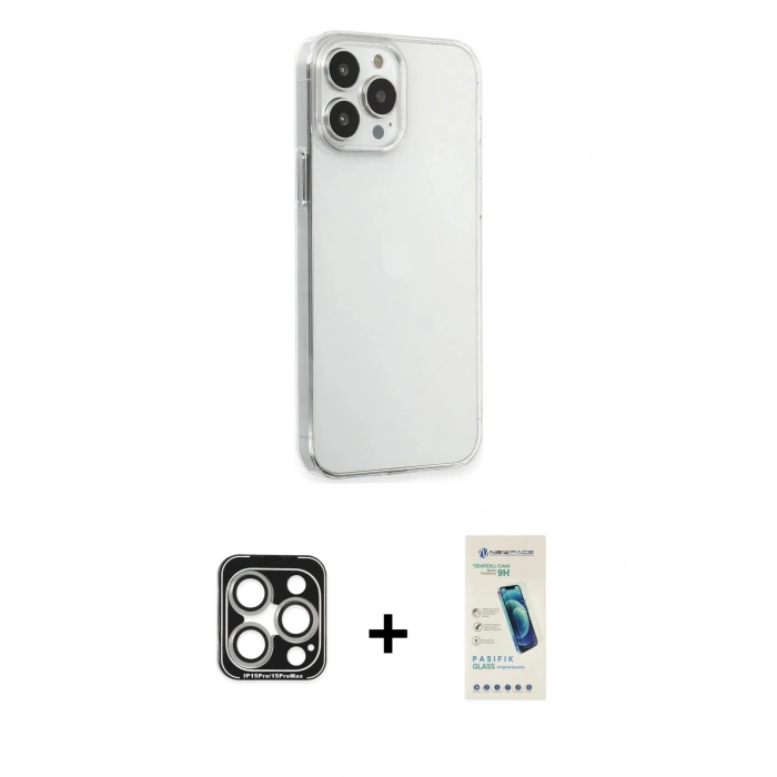 MARSİLYAN™- iPhone 15 Pro Max Kılıf Kutup Doku Koleksiyonu - Şeffaf Pasifik Cam Ekran Koruyucu + PVD Metal Kamera Lens - GS