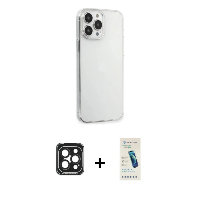 MARSİLYAN™- iPhone 15 Pro Max Kılıf Kutup Doku Koleksiyonu - Şeffaf Pasifik Cam Ekran Koruyucu + PVD Metal Kamera Lens - SH