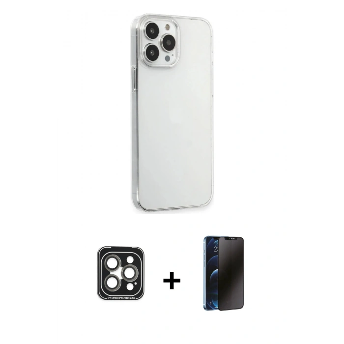 MARSİLYAN™- iPhone 15 Pro Max Kılıf Kutup Doku Koleksiyonu - Siyah 3D Antistatik Hayalet Cam Ekran Koruyucu + PVD Metal Kamera Lens - GI