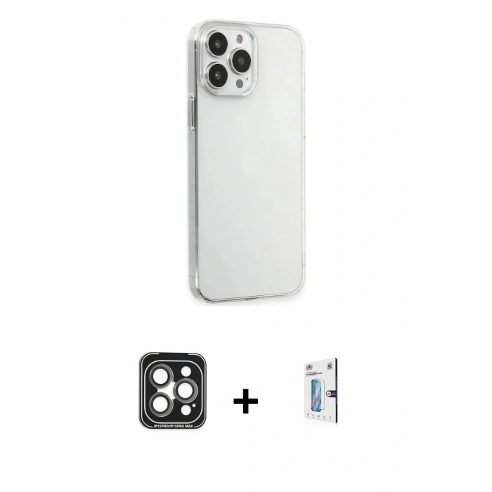 MARSİLYAN™- iPhone 15 Pro Max Kılıf Kutup Doku Koleksiyonu - Siyah Bilvis 0.18mm Plus Cam Ekran Koruyucu + PVD Metal Kamera Lens - GI