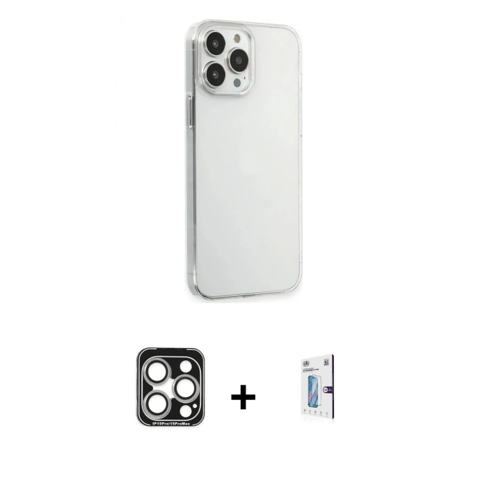 MARSİLYAN™- iPhone 15 Pro Max Kılıf Kutup Doku Koleksiyonu - Siyah Bilvis 0.18mm Plus Cam Ekran Koruyucu + PVD Metal Kamera Lens - GS