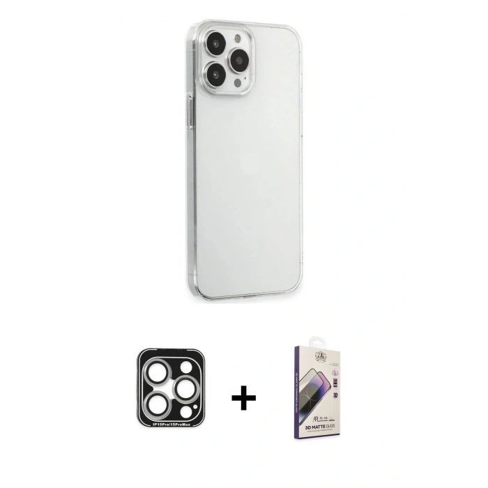 MARSİLYAN™- iPhone 15 Pro Max Kılıf Kutup Doku Koleksiyonu - Siyah Bilvis 3D Mat Cam Ekran Koruyucu + PVD Metal Kamera Lens - GS