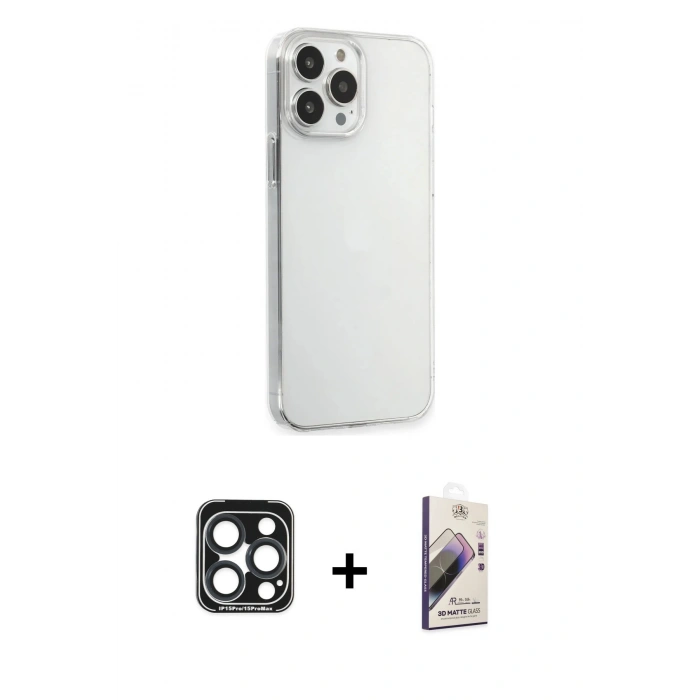MARSİLYAN™- iPhone 15 Pro Max Kılıf Kutup Doku Koleksiyonu - Siyah Bilvis 3D Mat Cam Ekran Koruyucu + Lacivert PVD Metal Kamera Lens