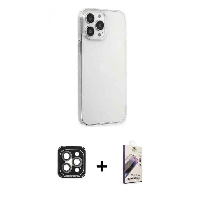 MARSİLYAN™- iPhone 15 Pro Max Kılıf Kutup Doku Koleksiyonu - Siyah Bilvis 3D Mat Cam Ekran Koruyucu + PVD Metal Kamera Lens - GI