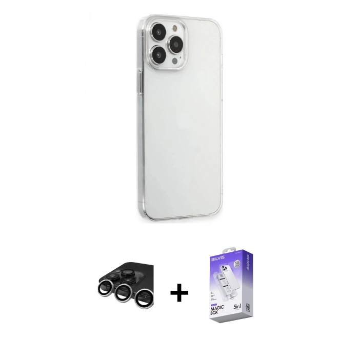MARSİLYAN™- iPhone 15 Pro Max Kılıf Kutup Doku Koleksiyonu - Siyah Bilvis 5in1 3D Magic Cam Ekran Koruyucu + Raze Metal Kamera Lens - GS