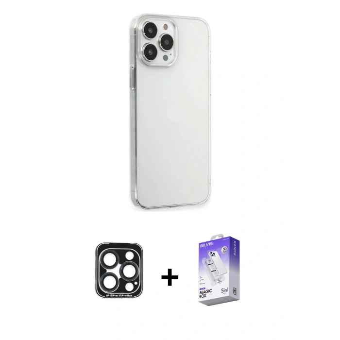 MARSİLYAN™- iPhone 15 Pro Max Kılıf Kutup Doku Koleksiyonu - Siyah Bilvis 5in1 3D Magic Cam Ekran Koruyucu + PVD Metal Kamera Lens - LT