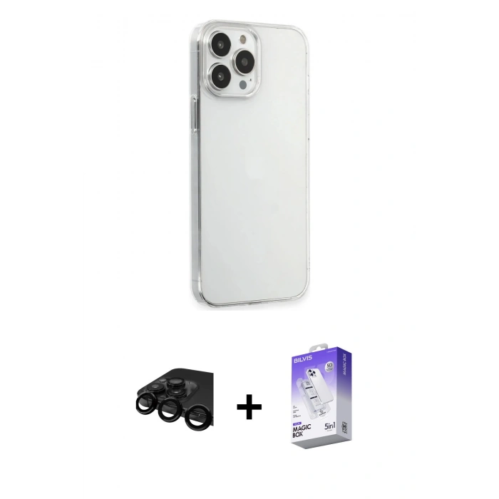 MARSİLYAN™- iPhone 15 Pro Max Kılıf Kutup Doku Koleksiyonu - Siyah Bilvis 5in1 3D Magic Cam Ekran Koruyucu + Raze Metal Kamera Lens - SH