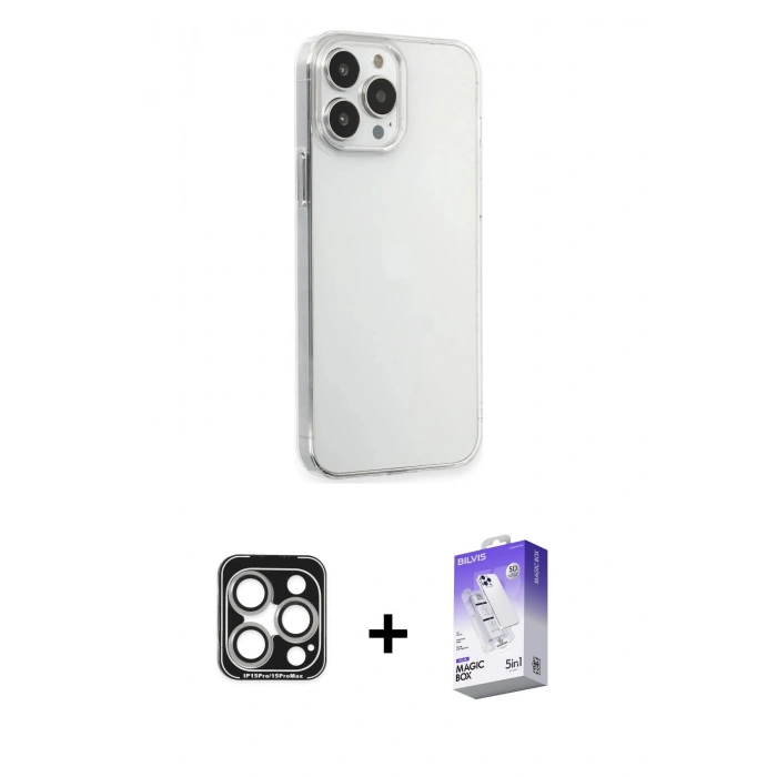 MARSİLYAN™- iPhone 15 Pro Max Kılıf Kutup Doku Koleksiyonu - Siyah Bilvis 5in1 3D Magic Cam Ekran Koruyucu + PVD Metal Kamera Lens - GS