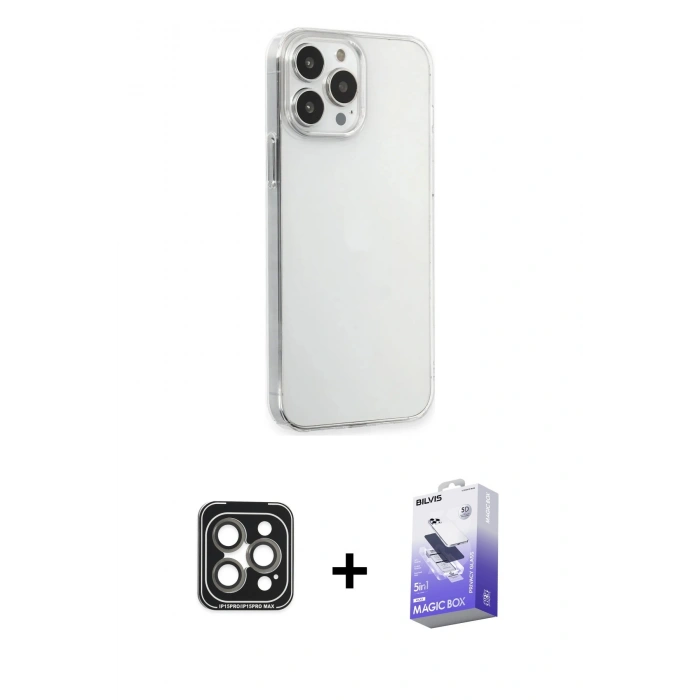 MARSİLYAN™- iPhone 15 Pro Max Kılıf Kutup Doku Koleksiyonu - Siyah Bilvis 5in1 5D Magic Hayalet Cam Ekran Koruyucu + PVD Metal Kamera Lens - GI