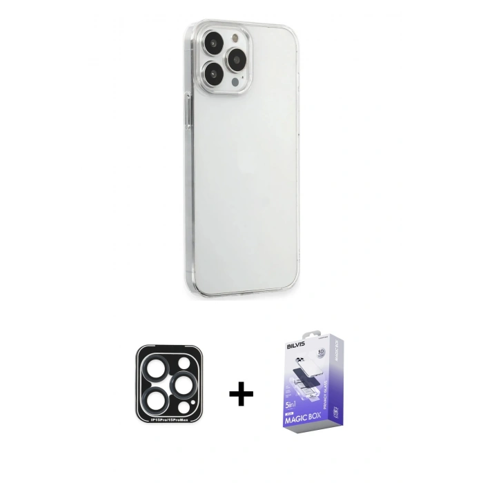 MARSİLYAN™- iPhone 15 Pro Max Kılıf Kutup Doku Koleksiyonu - Siyah Bilvis 5in1 5D Magic Hayalet Cam Ekran Koruyucu + PVD Metal Kamera Lens - LT