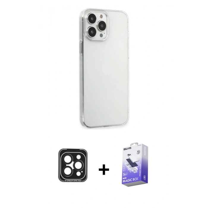 MARSİLYAN™- iPhone 15 Pro Max Kılıf Kutup Doku Koleksiyonu - Siyah Bilvis 5in1 5D Magic Hayalet Cam Ekran Koruyucu + PVD Metal Kamera Lens - SH
