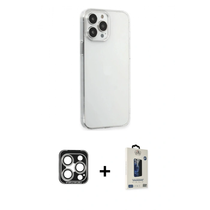 MARSİLYAN™- iPhone 15 Pro Max Kılıf Kutup Doku Koleksiyonu - Siyah Bilvis Hayalet Cam Ekran Koruyucu + PVD Metal Kamera Lens - GS