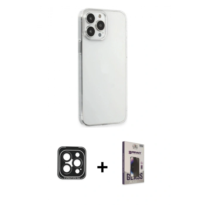 MARSİLYAN™- iPhone 15 Pro Max Kılıf Kutup Doku Koleksiyonu - Siyah Bilvis Hayalet Cam Ekran Koruyucu + PVD Metal Kamera Lens - SH